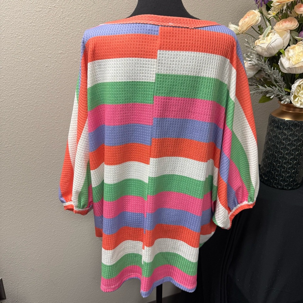 Bright Rainbow Striped Waffle Knit Dolman Sleeve Top 3X First Love - Picture 3 of 7